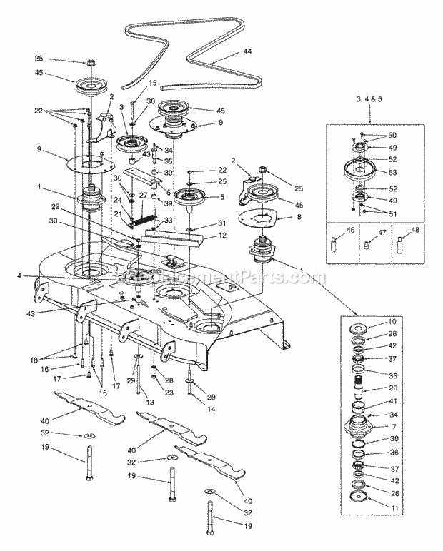 54" Deck Drive And Spindle Assembly Diagram and Parts List for Z54 53AC385K100 Cub Cadet Lawn Mower